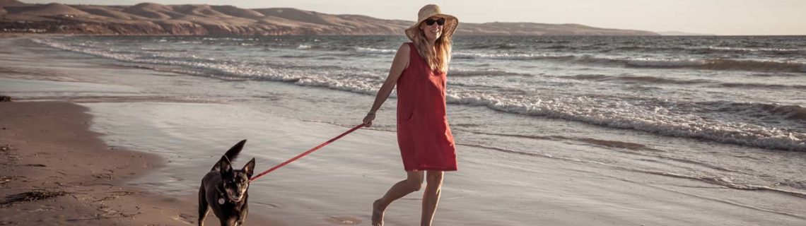 För kvinnor allmänt kvinna rastar hunden på stranden